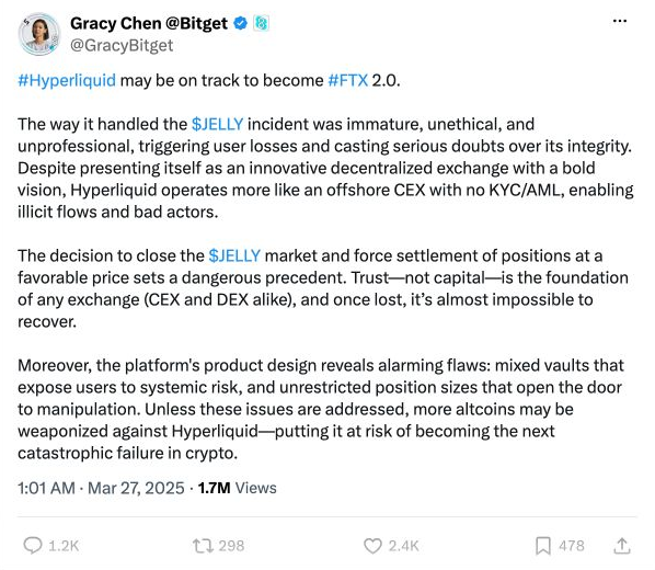 Screenshot of Gracy Chen’s post saying Hyperliquid may become FTX 2.0.
