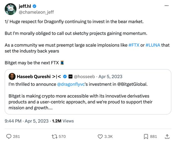 Jeff Yan’s April 5, 2023 post warning about Bitget, quoting Dragonfly’s investment announcement.