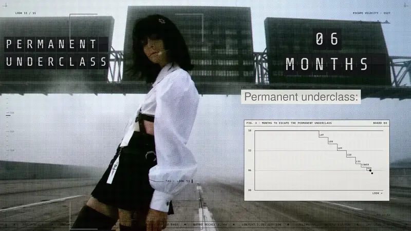 A model in front of billboards reading Permanent Underclass and 06 Months, beside a countdown chart.