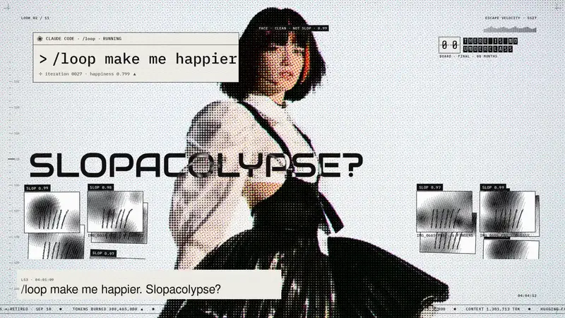 A Claude Code window running /loop make me happier beside a model, with SLOPOCALYPSE? across the frame.
